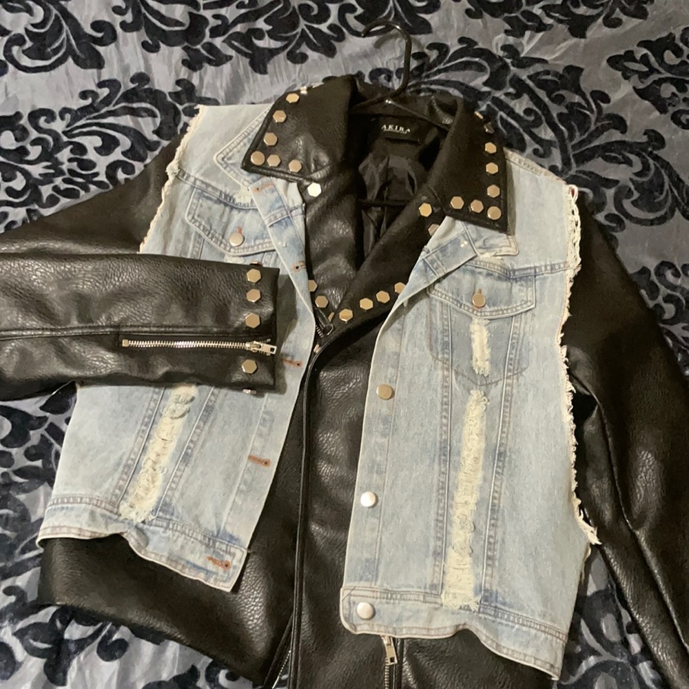 COPY - Leather, denim & plaid mix jacket with silver studs